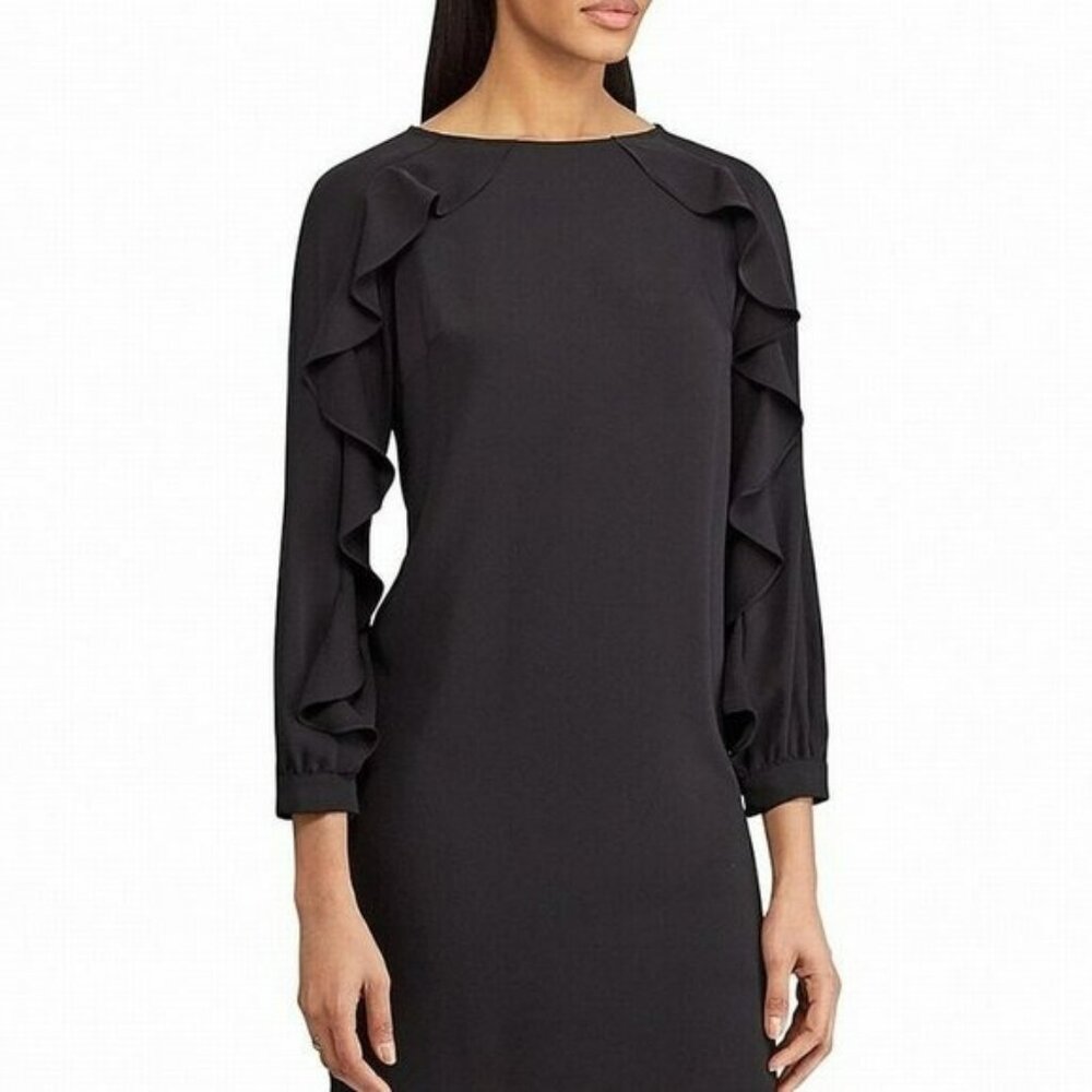 NWT Chaps Black Ruffle Sleeve Classic Minimalist Modest Shift Tent Dress M-L 12